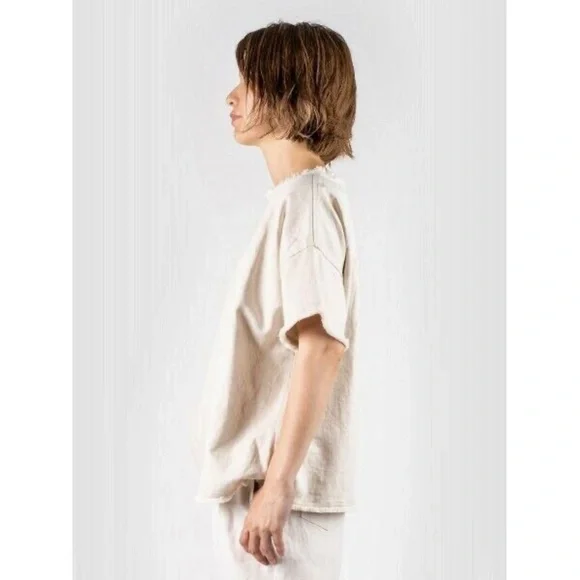 45R by 45RPM Japanese Cotton Linen Denim Frayed Hem Oversized Top in Beige